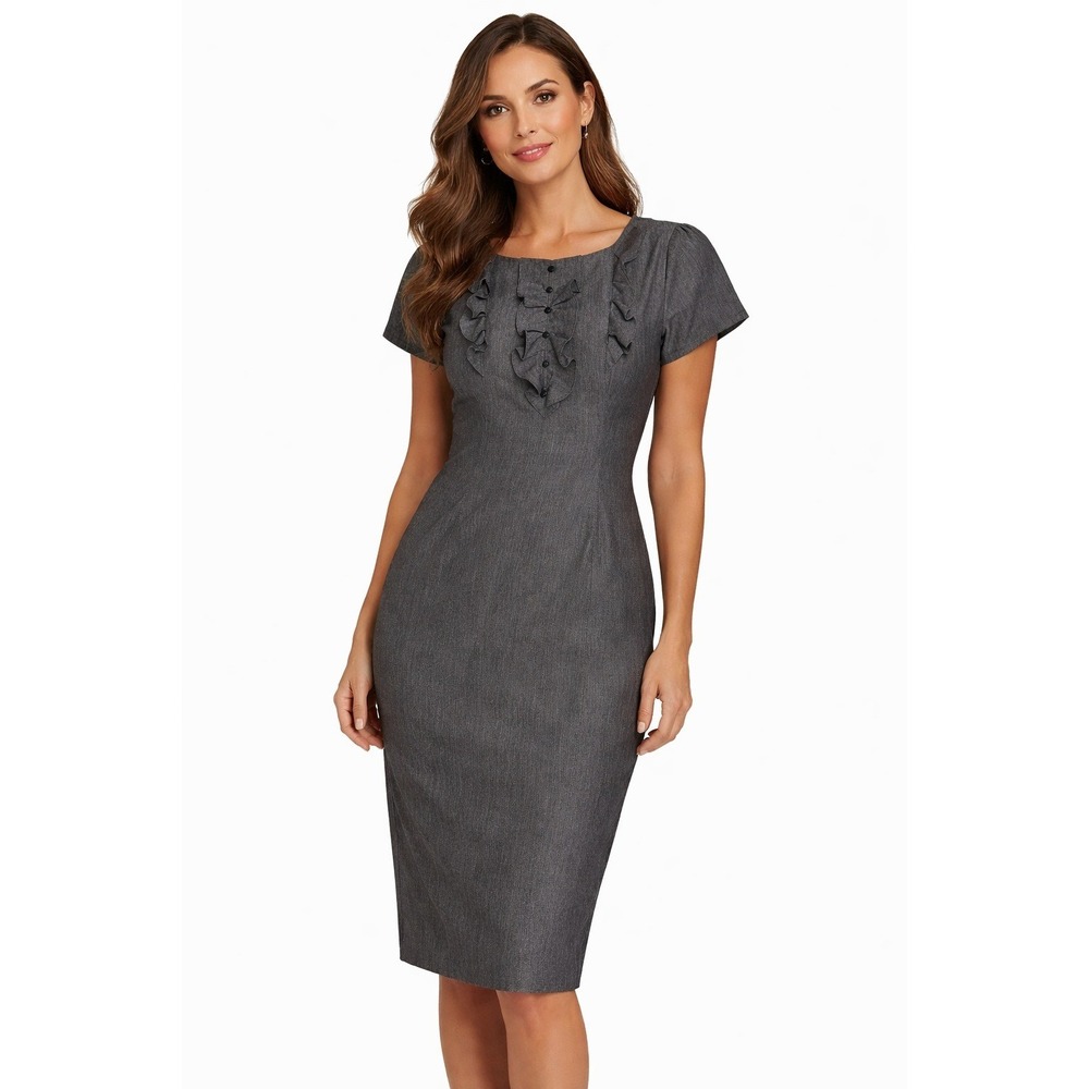 Kasper Womens 12 Grey Ruffle Front Sheath Dress Zip Back Short Sleeve Career‎ 12